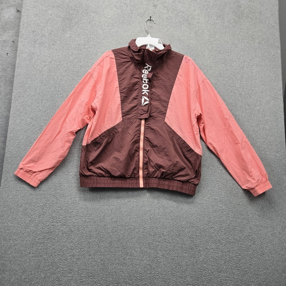 Reebok Women Jacket L Pink Colorblock Logo Activewear Zipper Pockets Lightweight